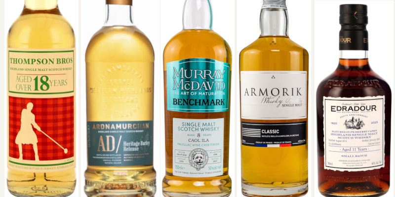 Die fünf Whiskys der Aromenreise mit Whiskykoch Chris Pepper Fünf Single-Malt-Whiskys für die Aromenreise von Whiskykoch Chris Pepper: Highland Single Malt 18 Jahre Thompson Brothers, Ardnamurchan AD/Heritage Barley Release, Caol Ila 8 Jahre Pauillacfass Murray McDavid , Armorik Classic und Edradour 11 Jahre PX-Fass zum 200sten Jubiläum.