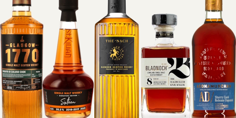 Die fünf Whiskys der Aromenreise mit Whiskykoch Chris Pepper Fünf Single-Malt-Whiskys für die Aromenreise von Whiskykoch Chris Pepper: Glasgow 1770 5 Jahre, 2020-26, 57,8 %, peated Passito di Caluso Cask Finish, St. Kilian “Sixteen” 2018/19-25, 55,3 %, Portugiesische Weinfasslagerung, The Nach "Spirit of Home" 46 %, Bladnoch 8 Jahre, 46,7 %, double matured in American Oak Red Wine Casks, Ardnamurchan PX Sherry Cask Release, 56,9 %, Germany only