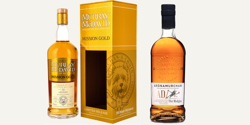 Upgrade-Whiskys für Chef's Special und Käse-Finale Zwei Upgrade-Whiskys für die Aromenreise mit Chris Pepper: Ardmore 22 Jahre 22y, 2003, 55,1 %, Bourbon Casks, Murray McDavid und Ardnamurchan “The Midgie”, Bourbon, Port, Sherry Casks 48 %.